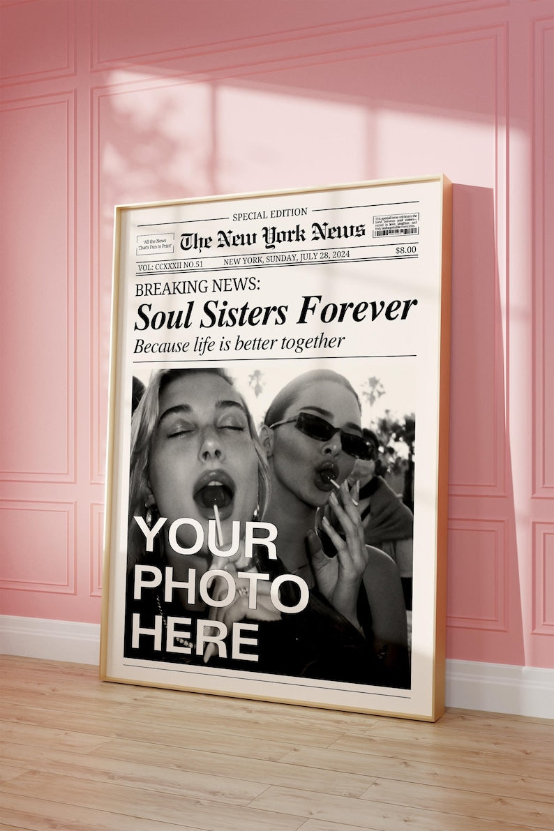 CUSTOM Newspaper Print, Personalized Best Friends Canvas, Retro Bestie Birthday Gift, BFF Poster, Friendship Gift, Girl Dorm Room Decor