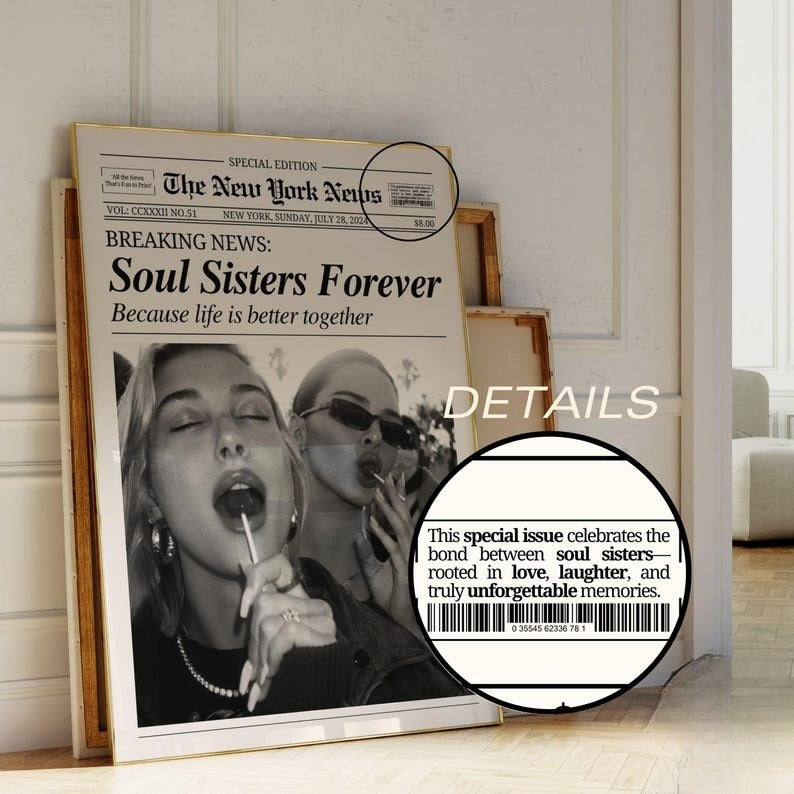 CUSTOM Newspaper Print, Personalized Best Friends Canvas, Retro Bestie Birthday Gift, BFF Poster, Friendship Gift, Girl Dorm Room Decor
