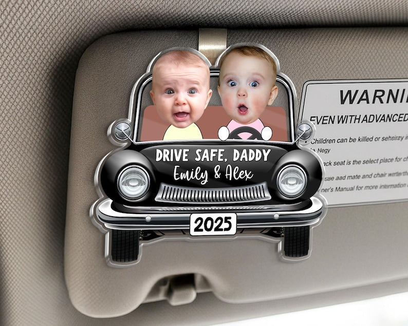 Funny Father's Day Gift, Custom Photo Dad Car Visor Clip, Drive Safe Daddy Gift, Vintage Car Baby Face Visor Clip, Kid Face Toy Car, New Dad