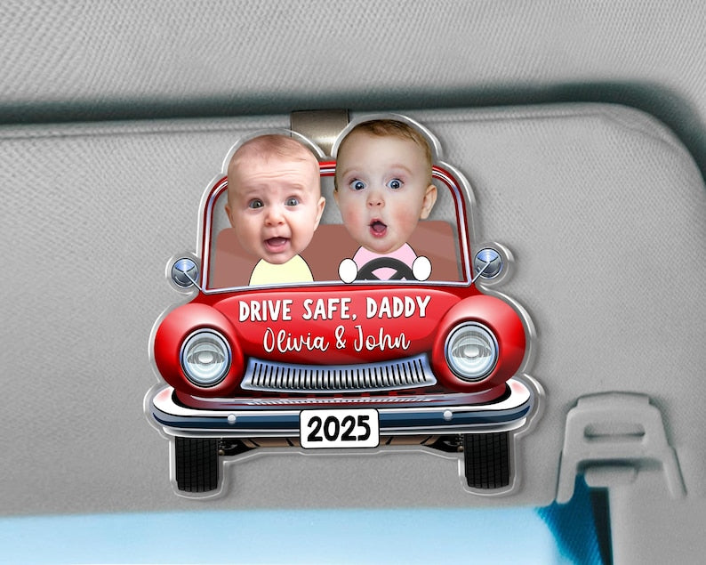 Funny Father's Day Gift, Custom Photo Dad Car Visor Clip, Drive Safe Daddy Gift, Vintage Car Baby Face Visor Clip, Kid Face Toy Car, New Dad