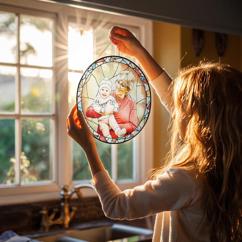 Personalized Grandma Portrait Stained Glass Suncatcher, Photo Glass Art, New Grandma Gift, Mother's Day Gift for Grandma, New Mom Gift