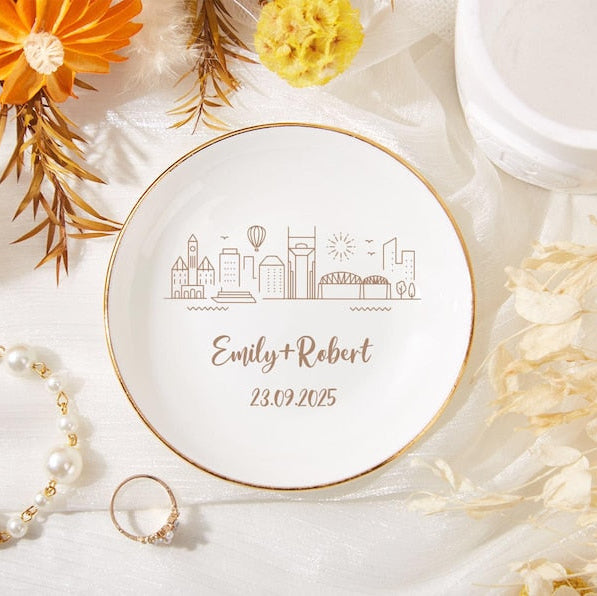 Personalized Skyline Ring Dish,Custom Wedding Jewelry Dish,Engagement Ring Holder,City Trinket Dish,Couple Gift For Her,1st Anniversary Gift