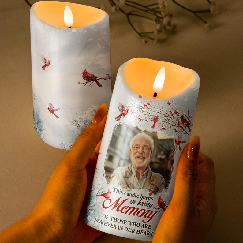 This Candle Burns In Loving Memory - Custom Memorial Photo Candle Light, Personalized Upload Photo Remembrance Candle LED Light