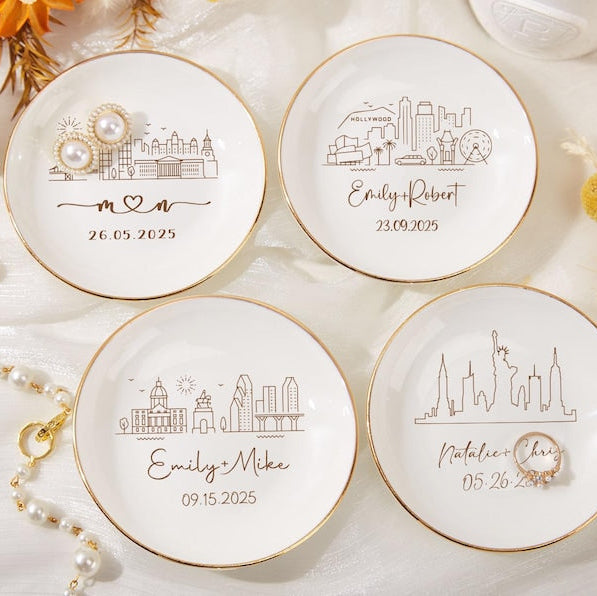 Personalized Skyline Ring Dish,Custom Wedding Jewelry Dish,Engagement Ring Holder,City Trinket Dish,Couple Gift For Her,1st Anniversary Gift