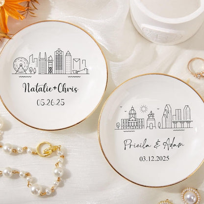 Personalized Skyline Ring Dish,Custom Wedding Jewelry Dish,Engagement Ring Holder,City Trinket Dish,Couple Gift For Her,1st Anniversary Gift