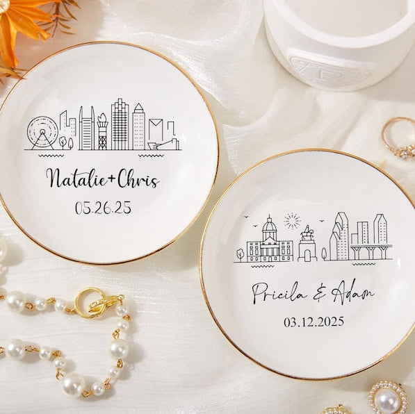 Personalized Skyline Ring Dish,Custom Wedding Jewelry Dish,Engagement Ring Holder,City Trinket Dish,Couple Gift For Her,1st Anniversary Gift