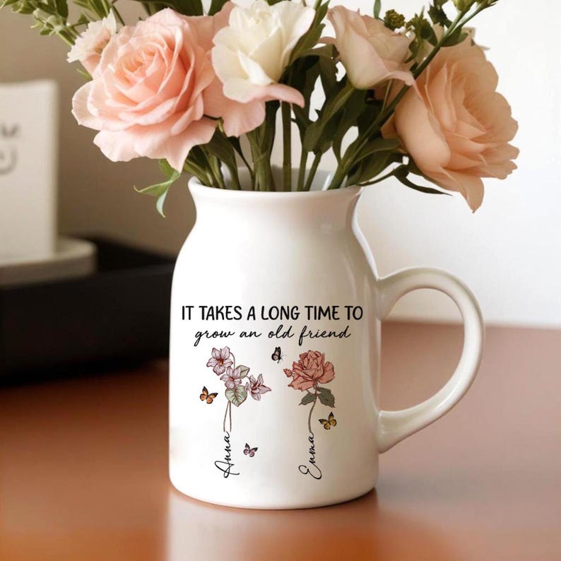 Personalized Friendship Floral Ceramic Vase, Custom Best Friend Birth Month Flower Vase, Friendship Gifts, Besties Gift, Best Friend Gift