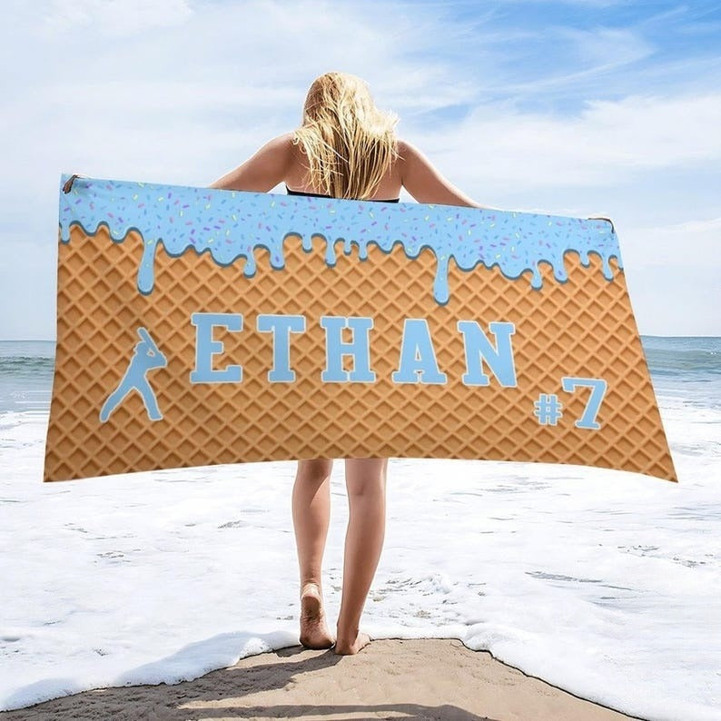 Trip Beach Towel with name Youth Baseball Gift,Ice Cream Drip Baseball Beach Towel For Boys bachelor party shower,Pool party,Team Gift birth