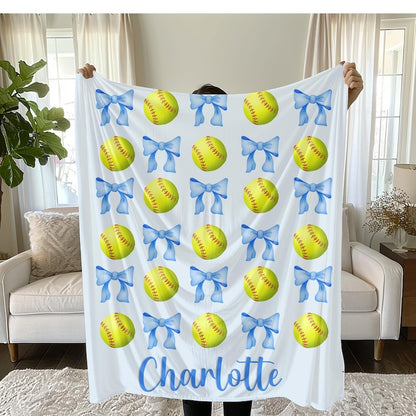 Softball and Bows Blanket, Personalized Team Gift