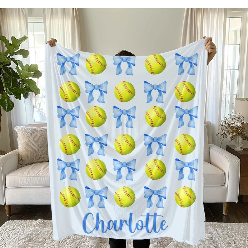 Softball and Bows Blanket, Personalized Team Gift