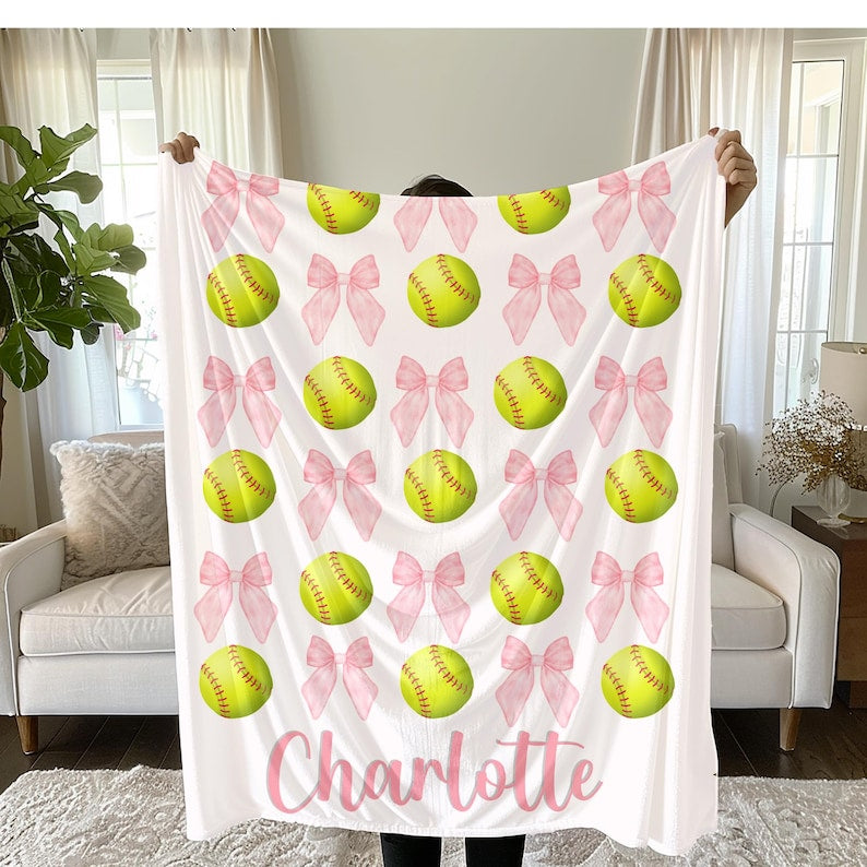 Softball and Bows Blanket, Personalized Team Gift