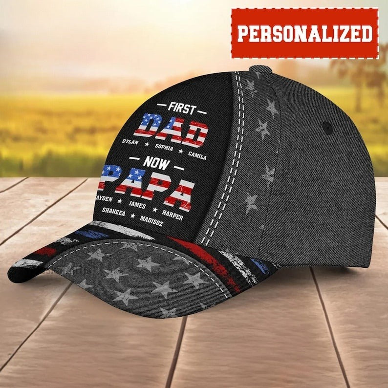 First Dad Now Grandpa - Personalized Baseball Cap for Him, Custom Kid Name Patriotic Classic Cap, Father's Day, Custom Adjustable Cap