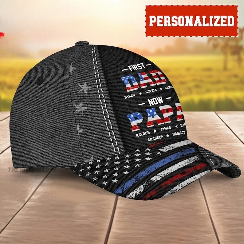 First Dad Now Grandpa - Personalized Baseball Cap for Him, Custom Kid Name Patriotic Classic Cap, Father's Day, Custom Adjustable Cap