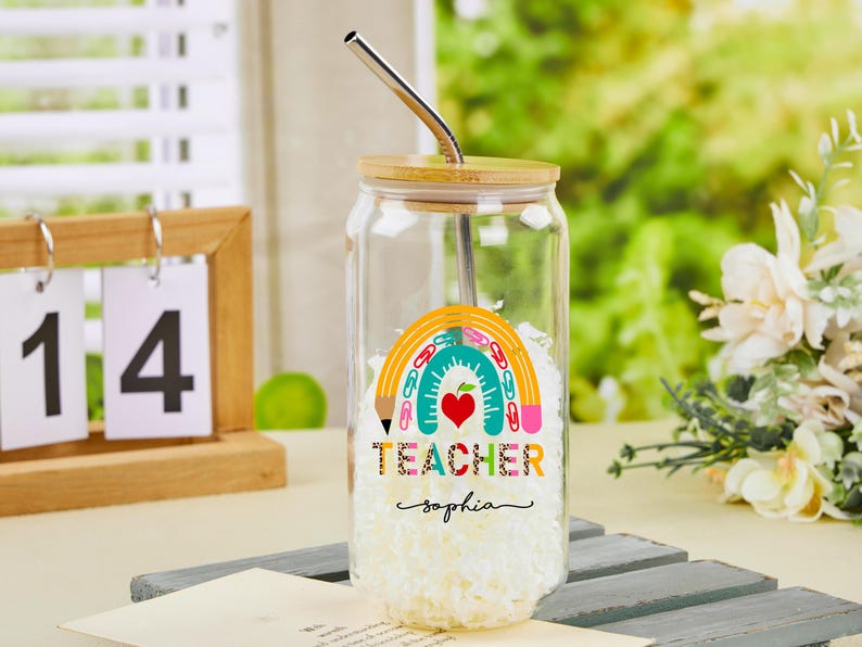 Custom Teacher Tumbler, Personalized Teacher Tumbler with Lid and Straw, Teacher Glass Tumbler, Teacher Appreciation Gifts, Iced Coffee Cup