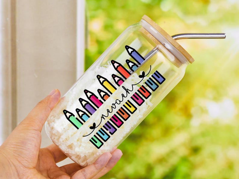 Custom Teacher Tumbler, Personalized Teacher Tumbler with Lid and Straw, Teacher Glass Tumbler, Teacher Appreciation Gifts, Iced Coffee Cup