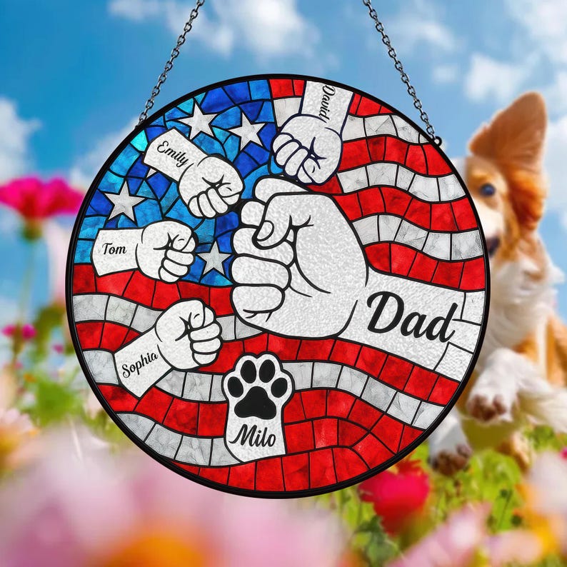 Custom Fist Bump Dad Suncatcher Stained Glass, Custom Dad With Kids Names, New Dad Gift, Custom Name Dad Glass Suncatcher, Fathers Day Gift