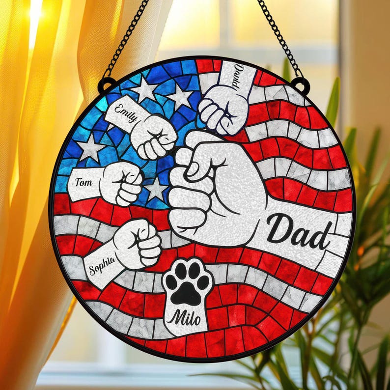 Custom Fist Bump Dad Suncatcher Stained Glass, Custom Dad With Kids Names, New Dad Gift, Custom Name Dad Glass Suncatcher, Fathers Day Gift