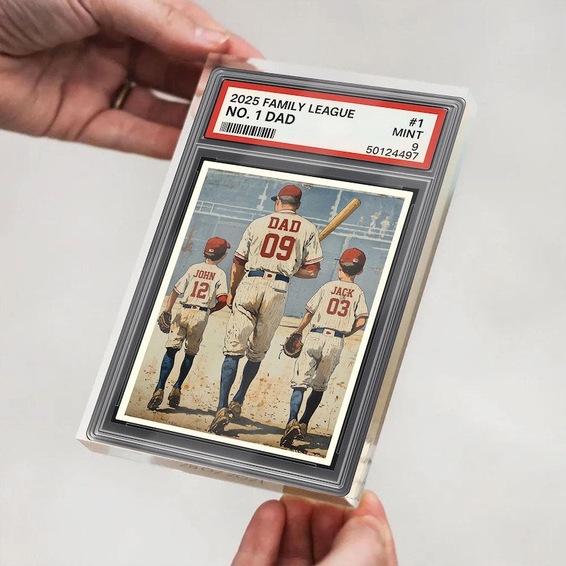 Baseball No. 1 Dad Man And Kids Trading Card Style Personalized Acrylic Block, Dad Plaque, Father's Day Gift for Baseball Dad, Husband