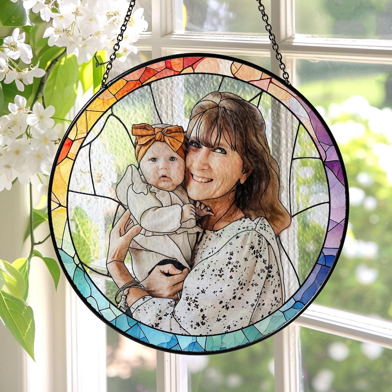 Personalized Grandma Portrait Stained Glass Suncatcher, Photo Glass Art, New Grandma Gift, Mother's Day Gift for Grandma, New Mom Gift