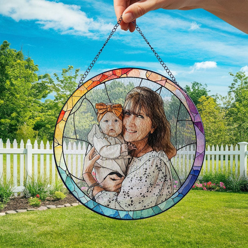 Personalized Grandma Portrait Stained Glass Suncatcher, Photo Glass Art, New Grandma Gift, Mother's Day Gift for Grandma, New Mom Gift