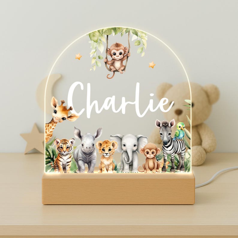 Personalised LED Animal Lamp, Kids Night Light Gift, Safari Jungle Animals Light, Birthday Gifts for Kids, Kids Bedroom Nursery Table Light