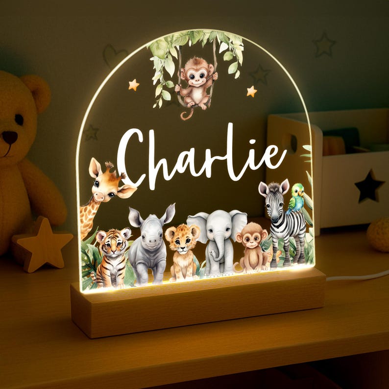 Personalised LED Animal Lamp, Kids Night Light Gift, Safari Jungle Animals Light, Birthday Gifts for Kids, Kids Bedroom Nursery Table Light