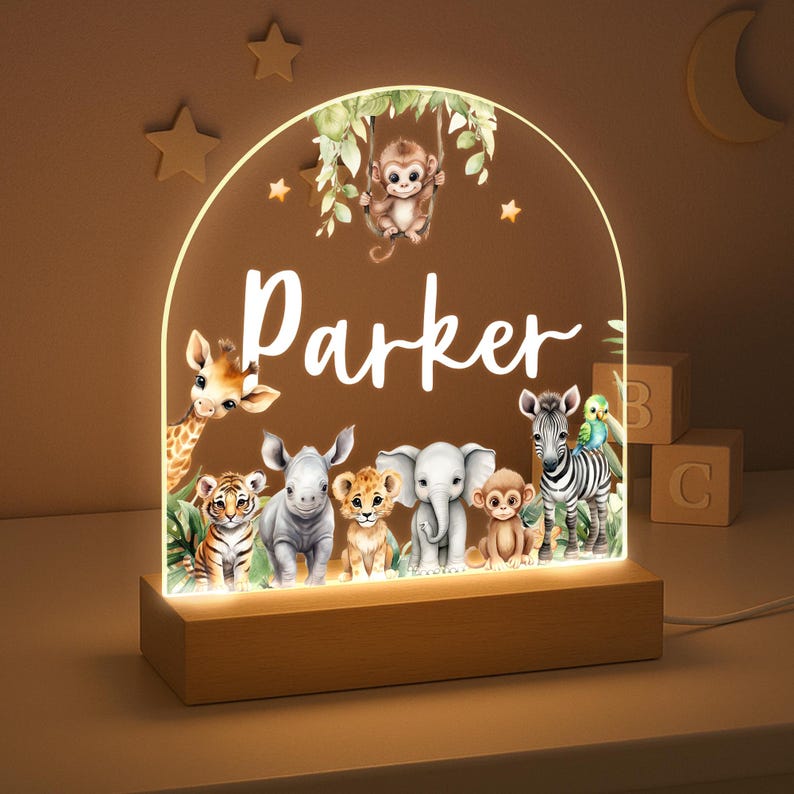 Personalised LED Animal Lamp, Kids Night Light Gift, Safari Jungle Animals Light, Birthday Gifts for Kids, Kids Bedroom Nursery Table Light