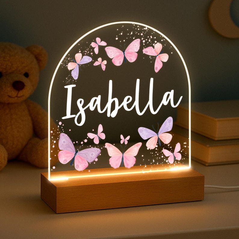 Personalised LED Nursery Lamp, Kids Night Light Gift, Butterfly Light, Baby Girl Light, Birthday Gifts for Kids, Kids Bedroom Nursery Light