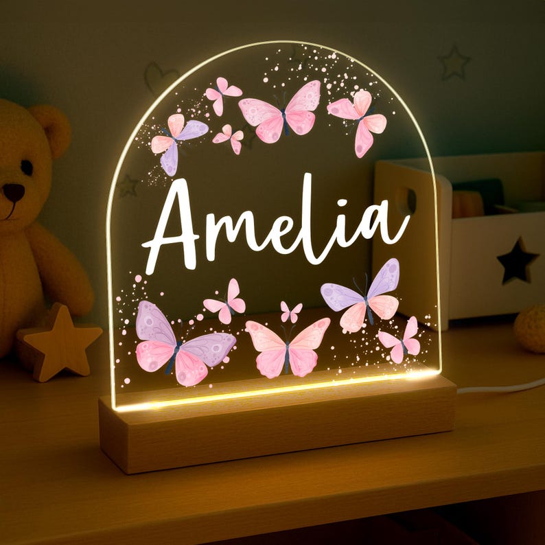 Personalised LED Nursery Lamp, Kids Night Light Gift, Butterfly Light, Baby Girl Light, Birthday Gifts for Kids, Kids Bedroom Nursery Light
