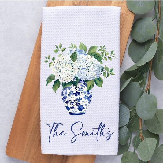 Personalized Hydrangeas In Blue Chinoiserie Vase Tea Dish Hand Kitchen Towel, Floral Kitchen Towel Decor Gift, Hostess Housewarming Gift
