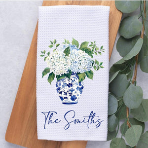 Personalized Hydrangeas In Blue Chinoiserie Vase Tea Dish Hand Kitchen Towel, Floral Kitchen Towel Decor Gift, Hostess Housewarming Gift
