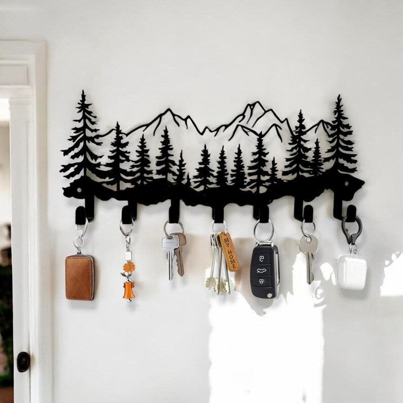 Rustic Mountain Key Holder Wall Hooks Bear Forest Scene Metal Organizer for Entryway, Garage, or Cabin Decor