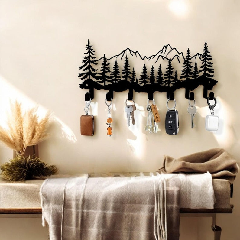 Rustic Mountain Key Holder Wall Hooks Bear Forest Scene Metal Organizer for Entryway, Garage, or Cabin Decor