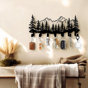 Rustic Mountain Key Holder Wall Hooks Bear Forest Scene Metal Organizer for Entryway, Garage, or Cabin Decor