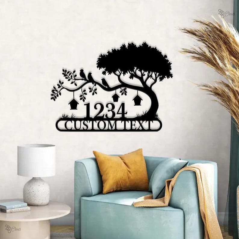 Custom Tree Address Sign, House Number Sign, House Number Yard Sign, House number decor, Address lawn stake, Tree and birds sign, Home Decor