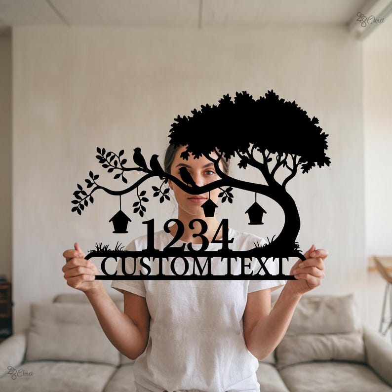 Custom Tree Address Sign, House Number Sign, House Number Yard Sign, House number decor, Address lawn stake, Tree and birds sign, Home Decor