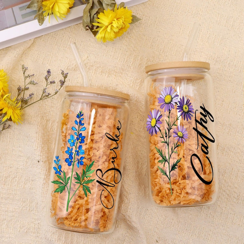 Personalized Birth Flower Tumblers, Names Tumbler Gift for Mother, Custom Birth Flower Gift for Bridesmaid, Glass Coffee Cup, Party Favor
