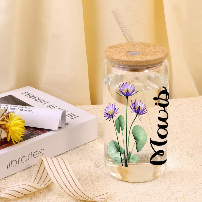 Personalized Birth Flower Tumblers, Names Tumbler Gift for Mother, Custom Birth Flower Gift for Bridesmaid, Glass Coffee Cup, Party Favor