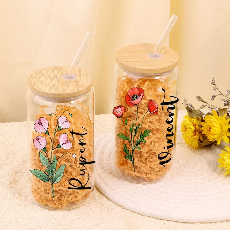 Personalized Birth Flower Tumblers, Names Tumbler Gift for Mother, Custom Birth Flower Gift for Bridesmaid, Glass Coffee Cup, Party Favor