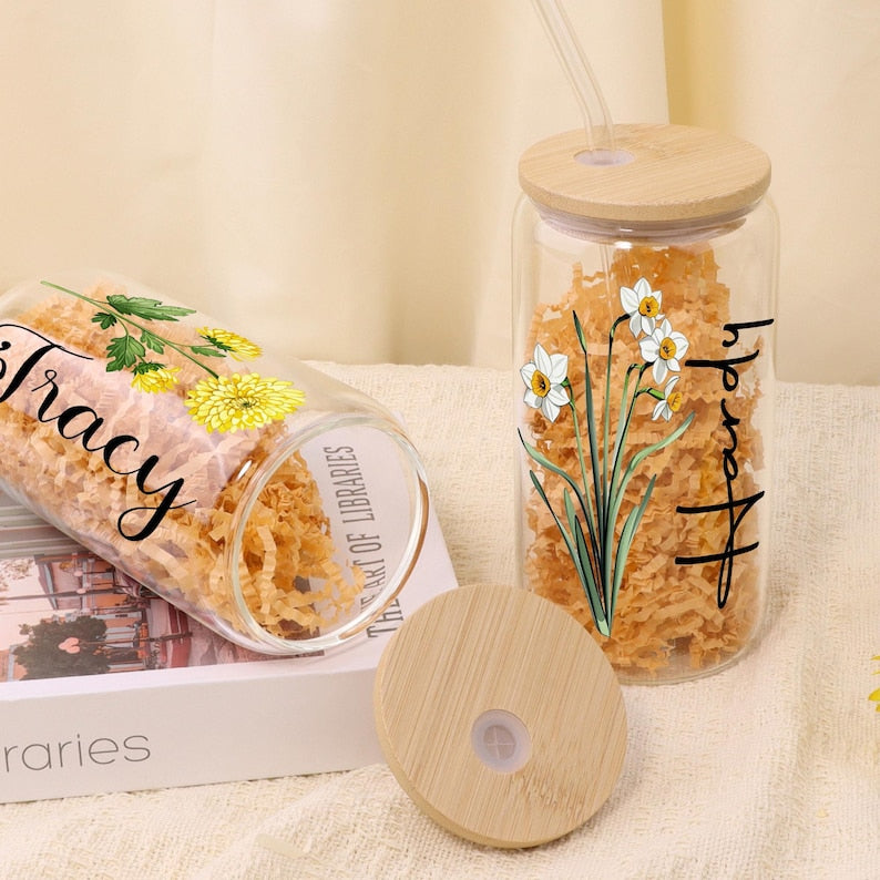 Personalized Birth Flower Tumblers, Names Tumbler Gift for Mother, Custom Birth Flower Gift for Bridesmaid, Glass Coffee Cup, Party Favor