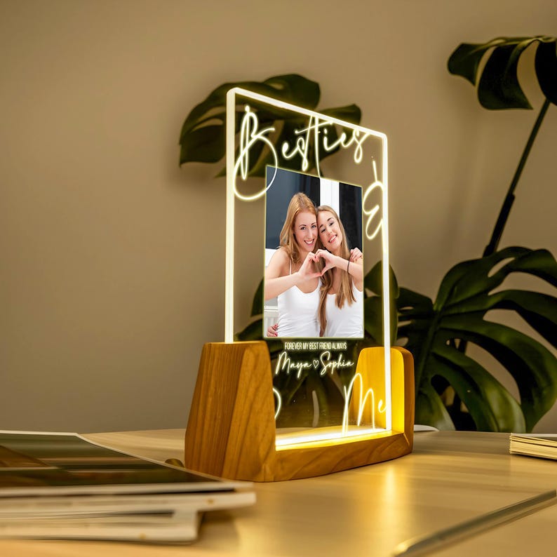 Personalized Soul Sister Night Light with Photo and Names Custom LED Acrylic Best Friend Frame with Wooden Base - Sister Friendship Gifts