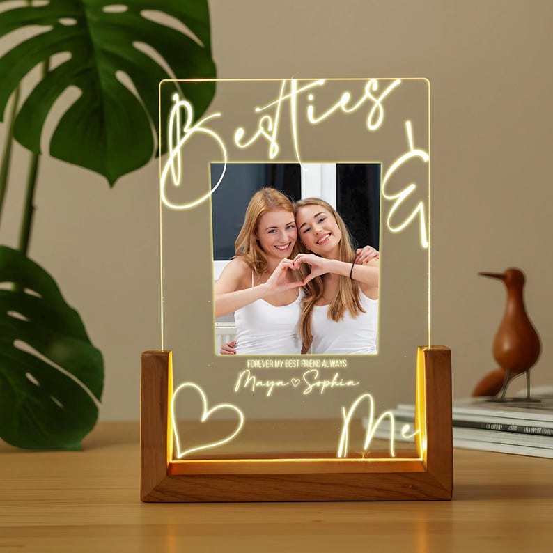 Personalized Soul Sister Night Light with Photo and Names Custom LED Acrylic Best Friend Frame with Wooden Base - Sister Friendship Gifts