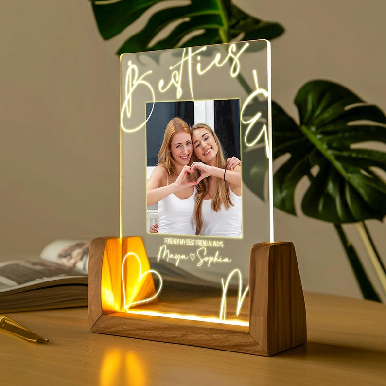 Personalized Soul Sister Night Light with Photo and Names Custom LED Acrylic Best Friend Frame with Wooden Base - Sister Friendship Gifts
