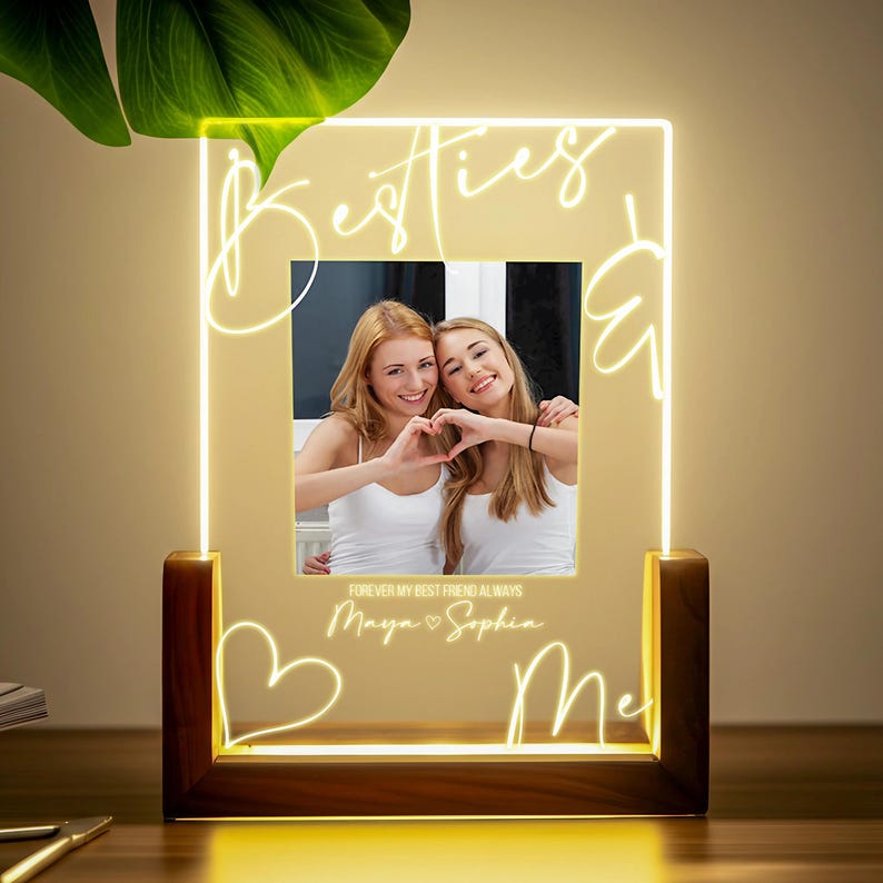 Personalized Soul Sister Night Light with Photo and Names Custom LED Acrylic Best Friend Frame with Wooden Base - Sister Friendship Gifts