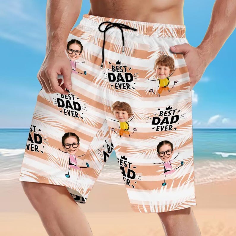 Personalized Photo Beach Shorts - Best Dad Grandpa Ever Gift, Custom Unisex Swim Trunks, Funny Father's Day Present, Summer Vacation Shorts