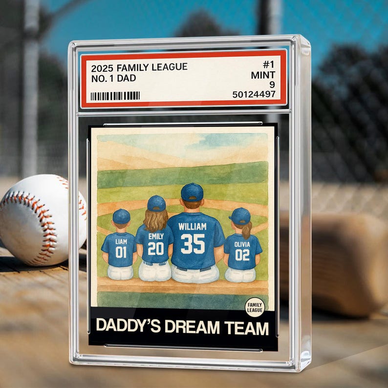 Baseball No. 1 Dad Man And Kids Trading Card Style Personalized Acrylic Block, Father's Day Gift For Husband, Dad, Daddy's Dream Team Plaque