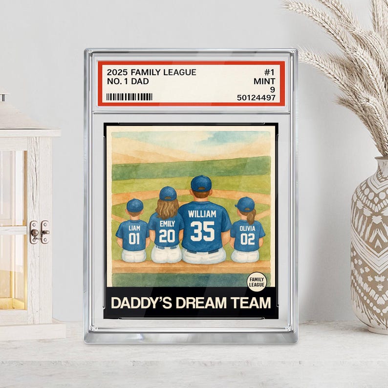 Baseball No. 1 Dad Man And Kids Trading Card Style Personalized Acrylic Block, Father's Day Gift For Husband, Dad, Daddy's Dream Team Plaque