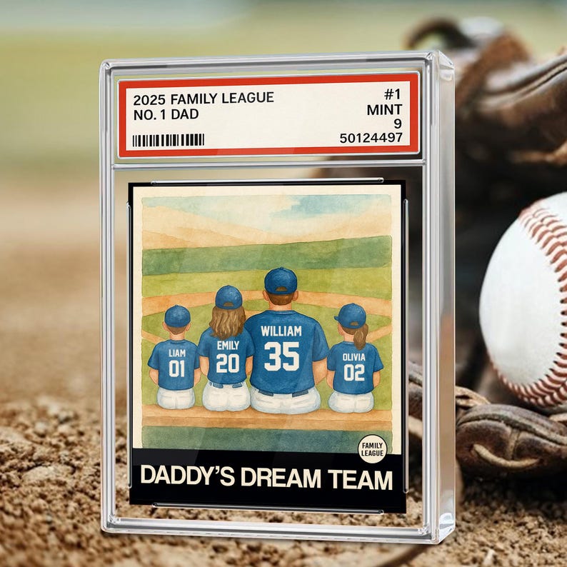 Baseball No. 1 Dad Man And Kids Trading Card Style Personalized Acrylic Block, Father's Day Gift For Husband, Dad, Daddy's Dream Team Plaque