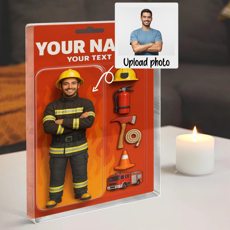 Personalized Fireman Acrylic Block Gift with custom photo - Custom Action Figure Plaque for Dad, Husband, or Hero - Unique Firefighter Gift