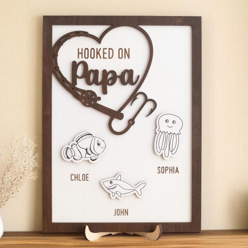 Hooked on Dad Sign, Personalized Wooden Fishing Decor, Father's Day Gift from Kids